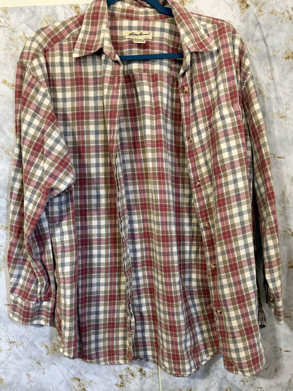 Eddie Bauer Plaid Button-Up Shirt in Red, Cream & Gray
